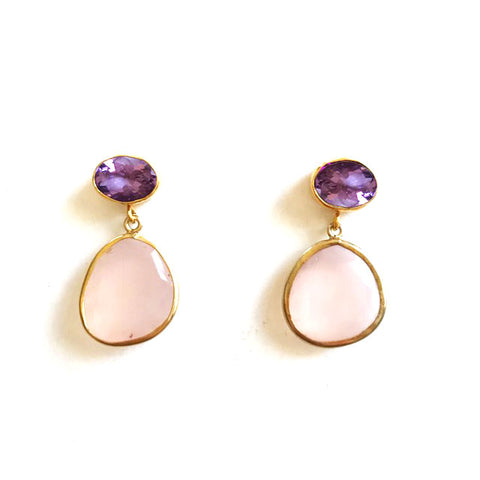 2 Drop Earrings (  S-size) : Amethyst x Rose Quratz