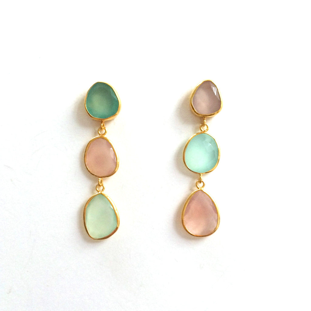 3 Drop Earrings ( S-size) : Chalcedony x RoseQuartz