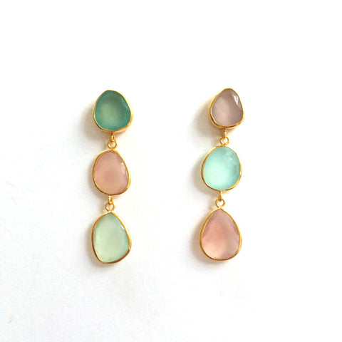 3 Drop Earrings ( S-size) : Chalcedony x RoseQuartz