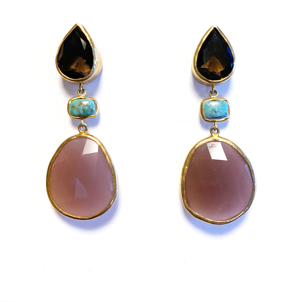 3 Drop Large Earrings : Smoky Quartz x Turquoise x Cateye